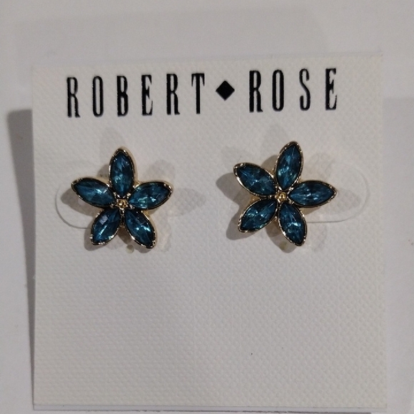 Robert Rose Gold tone Blue Flower Design Stud Earrings - Women's Fashion Jewelry - Picture 3 of 8